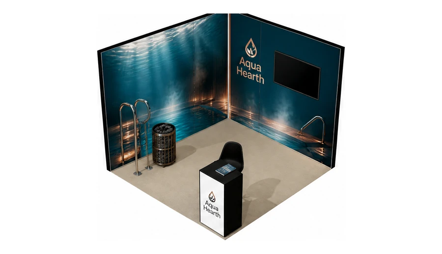 Stoisko 3 × 3 m narożne lewe dla branży baseny i sauny, przykładowa marka Aqua Hearth
