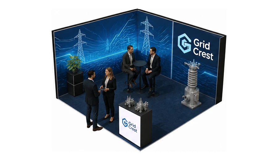 Stoisko 4 × 4 m narożne lewe dla branży energetyka i sieci, przykładowa marka Grid Crest
