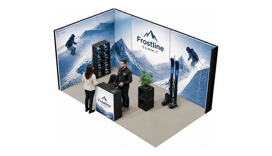 Stoisko 5 × 3 m narożne lewe dla branży narciarstwo i sporty zimowe, przykładowa marka Frostline Summit