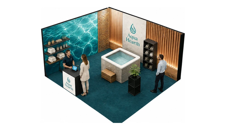 Stoisko 5 × 4 m narożne lewe dla branży baseny i sauny, przykładowa marka Aqua Hearth