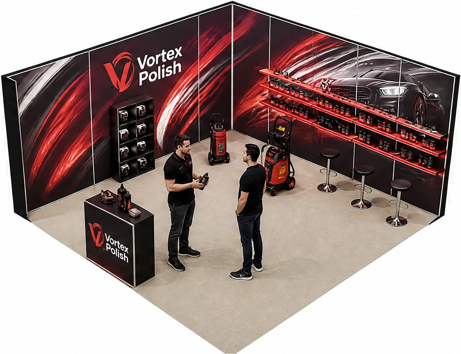 Stoisko 5 × 5 m narożne lewe dla branży tuning i detailing, przykładowa marka Vortex Polish