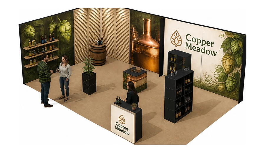 Stoisko 8 × 5 m narożne lewe dla branży browar rzemieślniczy, przykładowa marka Copper Meadow