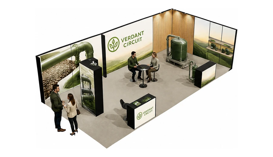 Stoisko 10 × 5 m narożne prawe dla branży biogaz i OZE, przykładowa marka Verdant Circuit