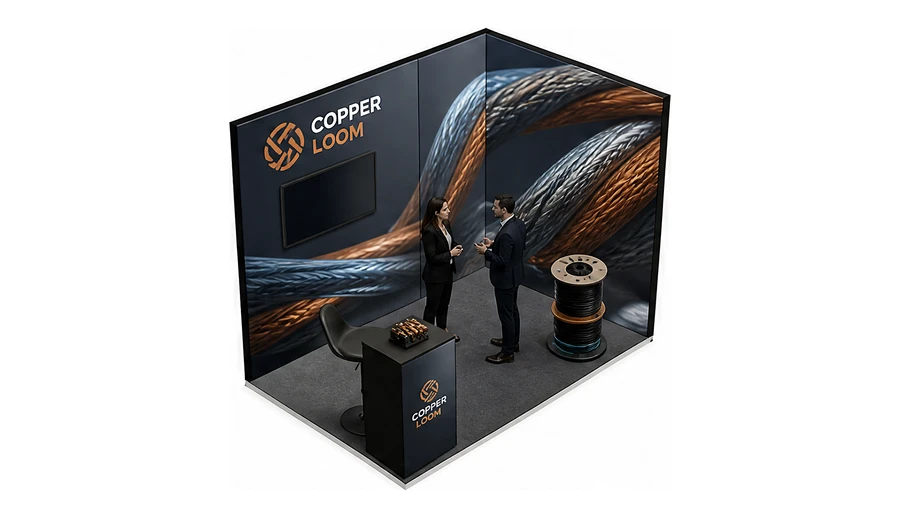 Stoisko 3 × 2 m narożne prawe dla branży kable i elektrotechnika, przykładowa marka Copper Loom