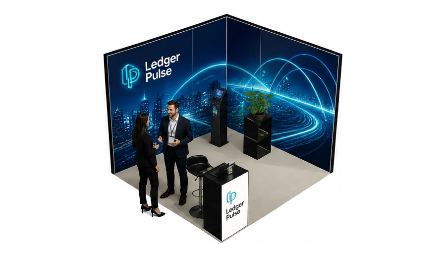 Stoisko 3 × 3 m narożne prawe dla branży płatności online, przykładowa marka Ledger Pulse