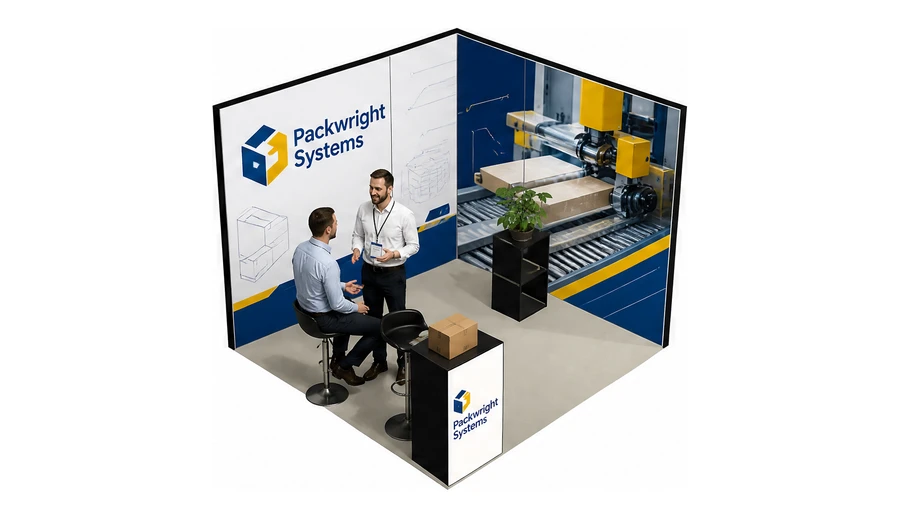 Stoisko 3 × 3 m narożne prawe dla branży maszyny pakujące, przykładowa marka Packwright Systems