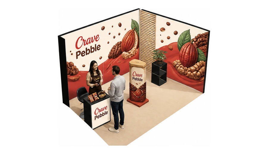 Stoisko 4 × 3 m narożne prawe dla branży słodycze i przekąski, przykładowa marka Crave Pebble