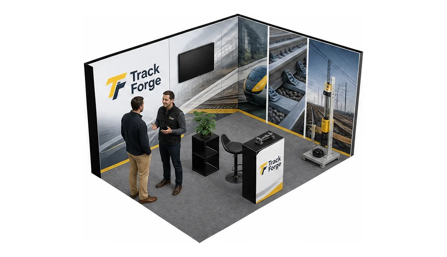 Stoisko 5 × 3 m narożne prawe dla branży kolej i tabor, przykładowa marka Track Forge