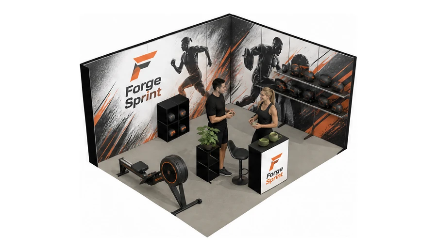 Stoisko 5 × 4 m narożne prawe dla branży fitness i siłownie, przykładowa marka Forge Sprint