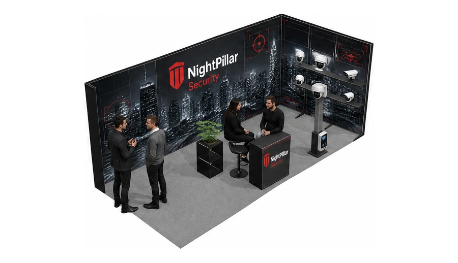 Stoisko 6 × 3 m narożne prawe dla branży systemy zabezpieczeń, przykładowa marka NightPillar Security