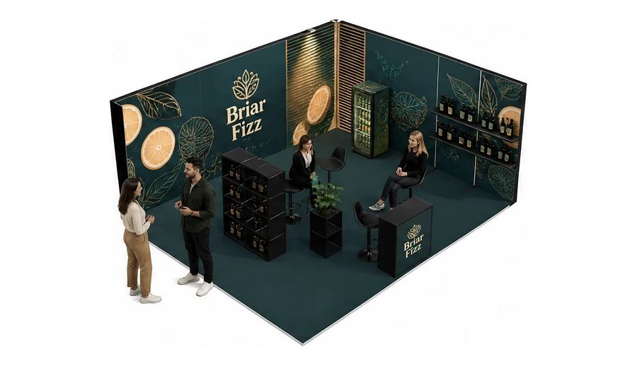 Stoisko 6 × 5 m narożne prawe dla branży napoje, przykładowa marka Briar Fizz