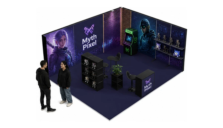 Stoisko 6 × 5 m narożne prawe dla branży gry wideo, przykładowa marka Myth Pixel
