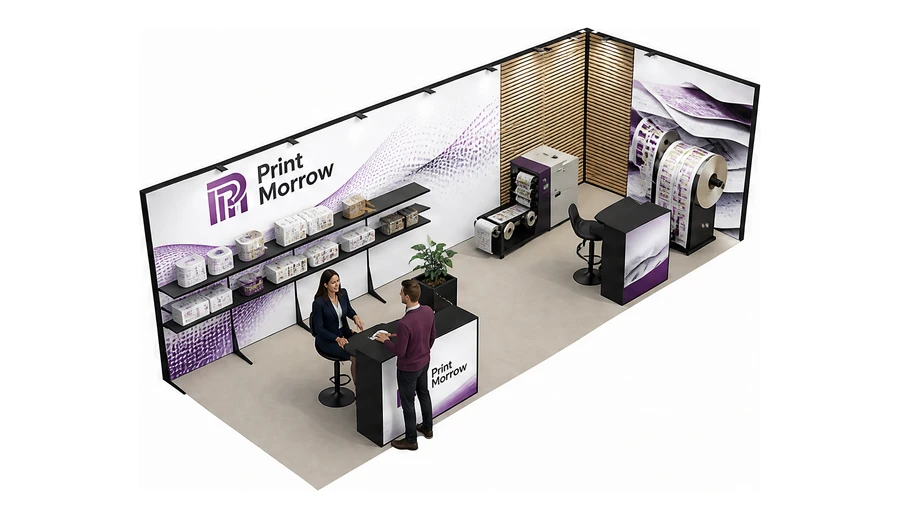 Stoisko 8 × 3 m narożne prawe dla branży etykiety i poligrafia, przykładowa marka Print Morrow