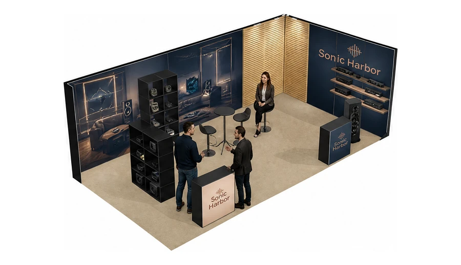 Stoisko 8 × 4 m narożne prawe dla branży sprzęt audio-video, przykładowa marka Sonic Harbor