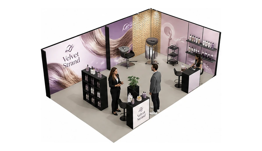 Stoisko 8 × 5 m narożne prawe dla branży fryzjerstwo i salony beauty, przykładowa marka Velvet Strand