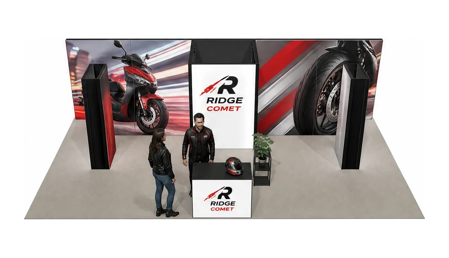 Stoisko 10 × 5 m półwyspowe dla branży motocykle i skutery, przykładowa marka Ridge Comet