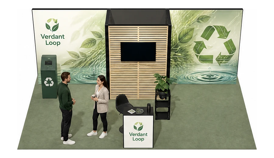 Stoisko 5 × 4 m półwyspowe dla branży recykling i ochrona środowiska, przykładowa marka Verdant Loop