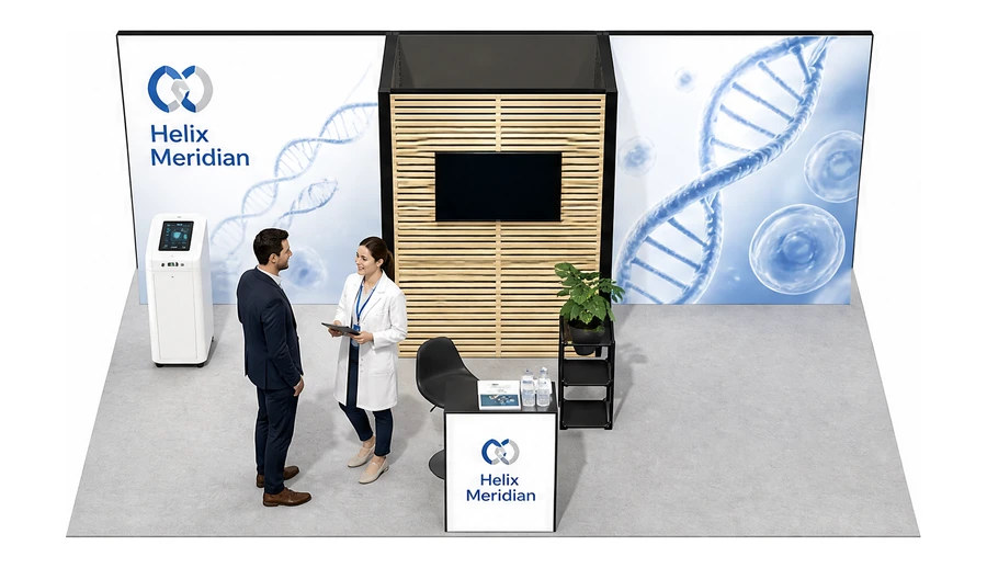 Stoisko 5 × 4 m półwyspowe dla branży farmacja i biotechnologia, przykładowa marka Helix Meridian