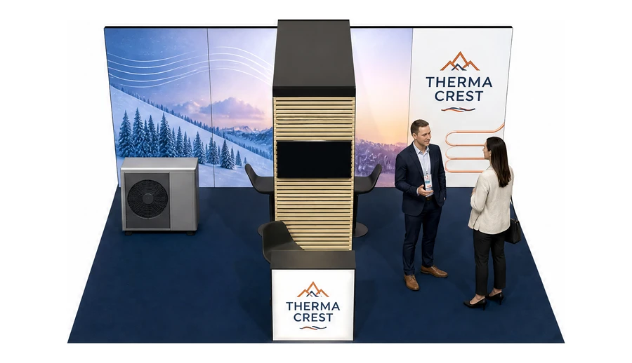 Stoisko 6 × 4 m półwyspowe dla branży pompy ciepła i ogrzewanie, przykładowa marka Therma Crest