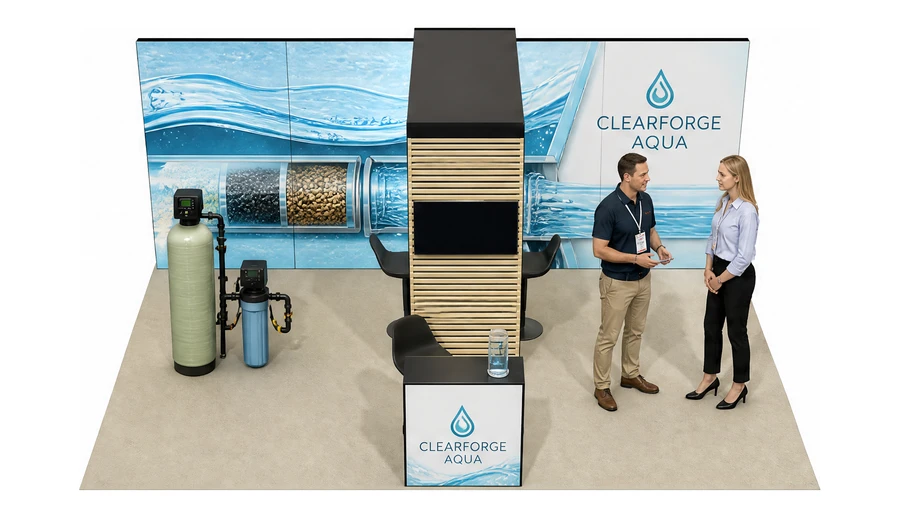 Stoisko 6 × 4 m półwyspowe dla branży technologie wodne, przykładowa marka Clearforge Aqua