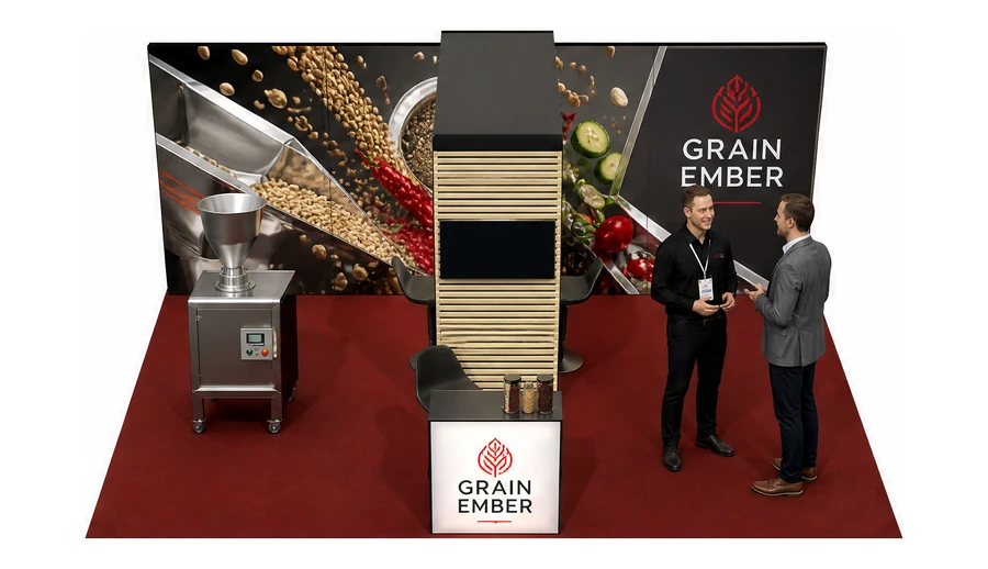 Stoisko 6 × 4 m półwyspowe dla branży technologie spożywcze, przykładowa marka Grain Ember