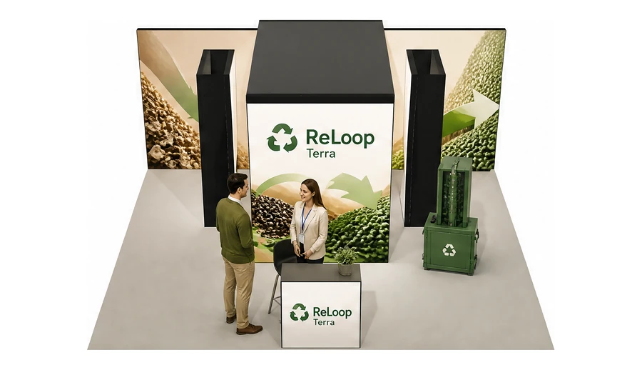 Stoisko 6 × 5 m półwyspowe dla branży recykling i ochrona środowiska, przykładowa marka ReLoop Terra