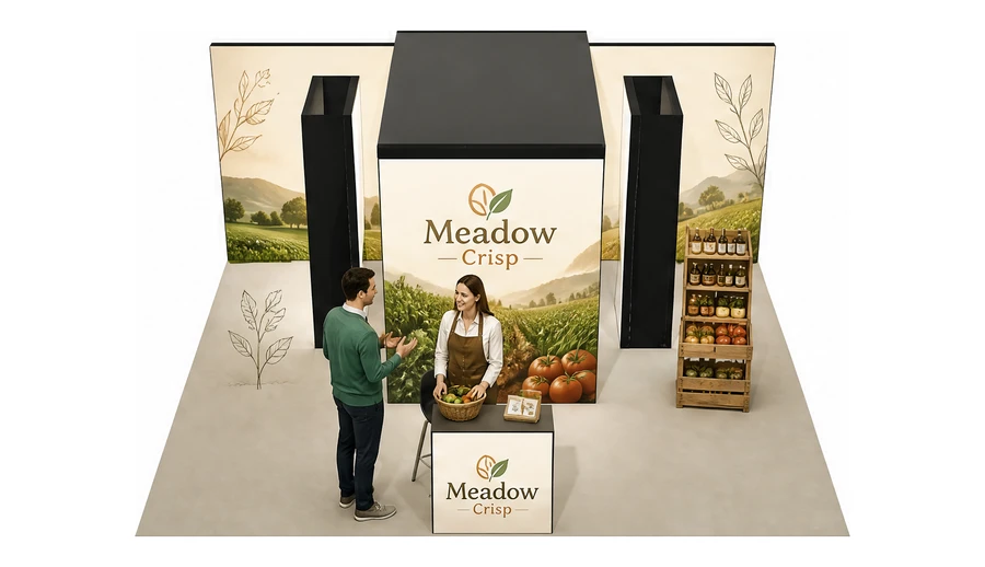Stoisko 6 × 5 m półwyspowe dla branży żywność ekologiczna, przykładowa marka Meadow Crisp