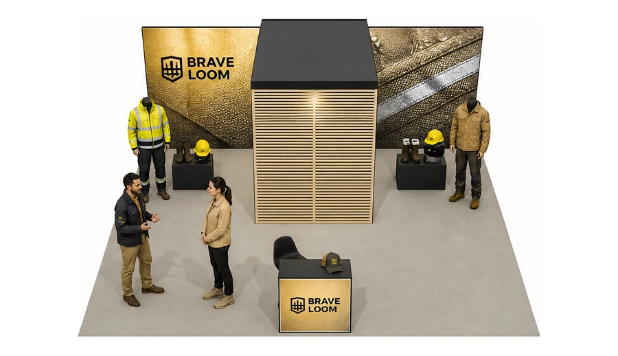 Stoisko 6 × 6 m półwyspowe dla branży BHP i odzież ochronna, przykładowa marka Brave Loom