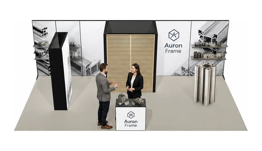 Stoisko 8 × 4 m półwyspowe dla branży profile aluminiowe, przykładowa marka Auron Frame