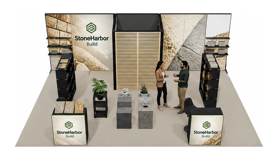 Stoisko 8 × 5 m półwyspowe dla branży materiały budowlane, przykładowa marka StoneHarbor Build