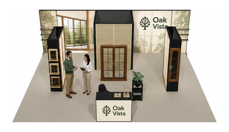 Stoisko 8 × 6 m półwyspowe dla branży okna i drzwi, przykładowa marka Oak Vista