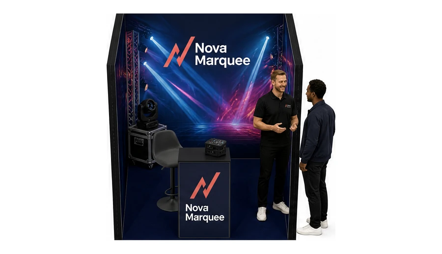 Stoisko 2 × 2 m szeregowe dla branży branża eventowa, przykładowa marka Nova Marquee