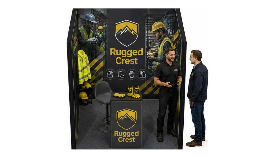 Stoisko 2 × 2 m szeregowe dla branży BHP i odzież ochronna, przykładowa marka Rugged Crest