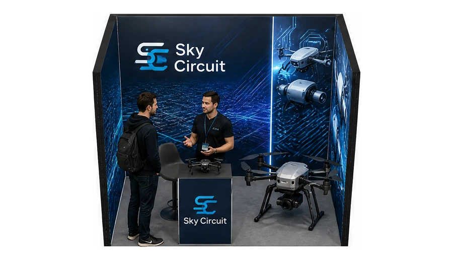 Stoisko 3 × 2 m szeregowe dla branży drony i robotyka, przykładowa marka Sky Circuit