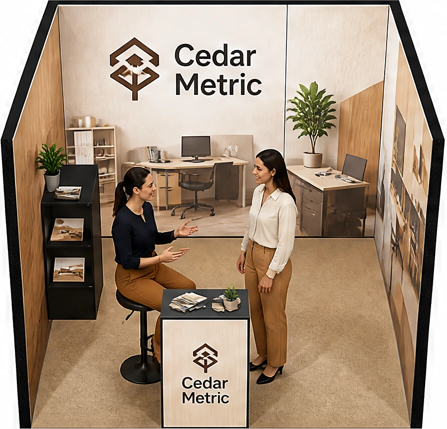 Stoisko 3 × 3 m szeregowe dla branży meble biurowe, przykładowa marka Cedar Metric