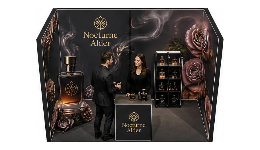 Stoisko 4 × 2 m szeregowe dla branży perfumy, przykładowa marka Nocturne Alder