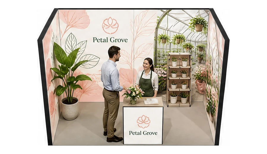 Stoisko 4 × 2 m szeregowe dla branży rośliny i kwiaciarstwo, przykładowa marka Petal Grove