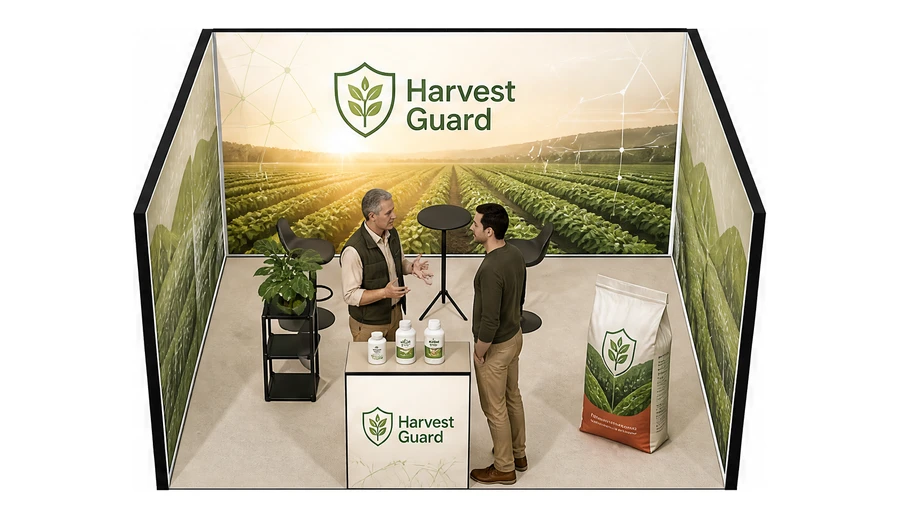Stoisko 4 × 4 m szeregowe dla branży nawozy i ochrona roślin, przykładowa marka Harvest Guard