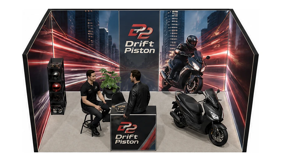 Stoisko 5 × 3 m szeregowe dla branży motocykle i skutery, przykładowa marka Drift Piston