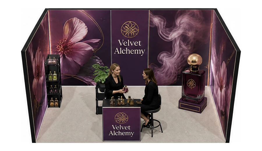 Stoisko 5 × 3 m szeregowe dla branży perfumy, przykładowa marka Velvet Alchemy