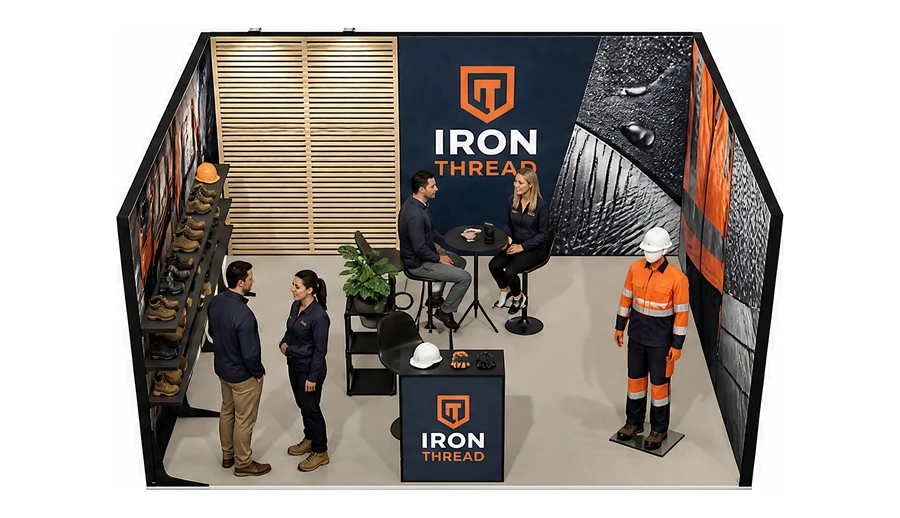 Stoisko 5 × 4 m szeregowe dla branży BHP i odzież ochronna, przykładowa marka Iron Thread