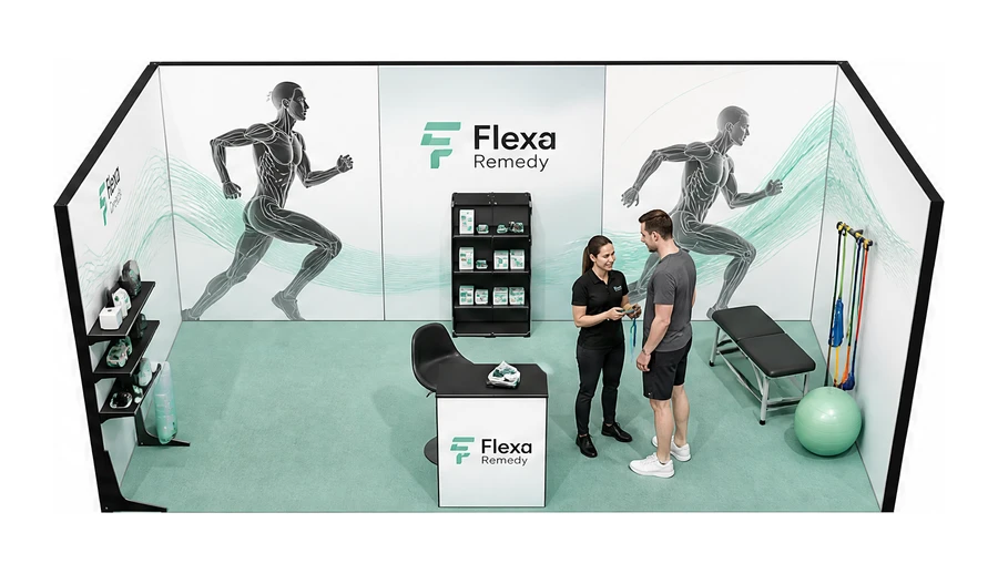 Stoisko 6 × 3 m szeregowe dla branży rehabilitacja i fizjoterapia, przykładowa marka Flexa Remedy
