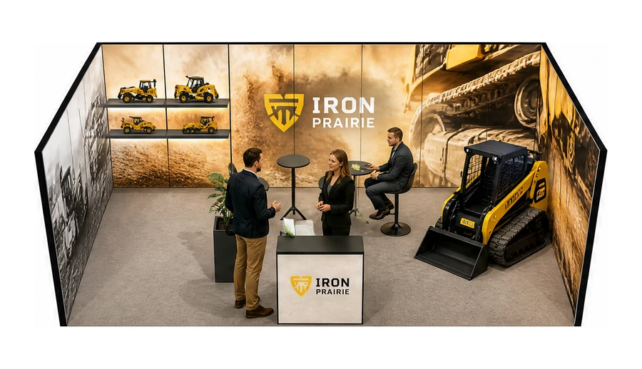 Stoisko 6 × 4 m szeregowe dla branży maszyny budowlane, przykładowa marka Iron Prairie