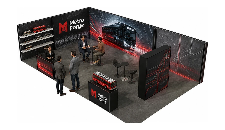 Stoisko 10 × 6 m narożne lewe dla branży autobusy i transport zbiorowy, przykładowa marka Metro Forge