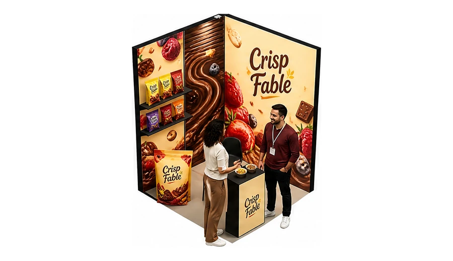 Stoisko 2 × 2 m narożne lewe dla branży słodycze i przekąski, przykładowa marka Crisp Fable