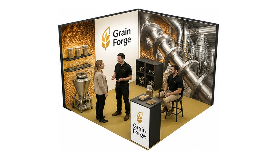 Stoisko 3 × 3 m narożne lewe dla branży technologie spożywcze, przykładowa marka Grain Forge