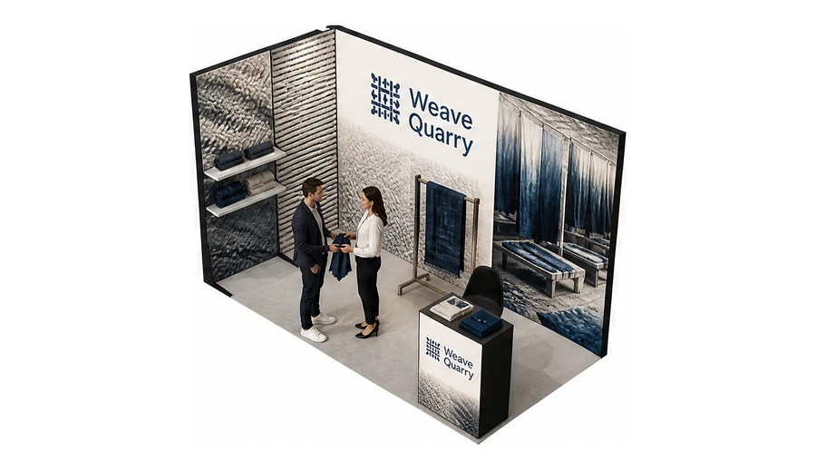 Stoisko 4 × 2 m narożne lewe dla branży tekstylia i tkaniny, przykładowa marka Weave Quarry