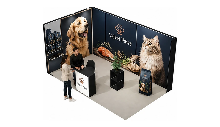 Stoisko 5 × 3 m narożne lewe dla branży karma dla zwierząt, przykładowa marka Velvet Paws