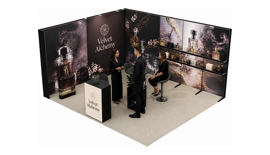 Stoisko 5 × 4 m narożne lewe dla branży perfumy, przykładowa marka Velvet Alchemy
