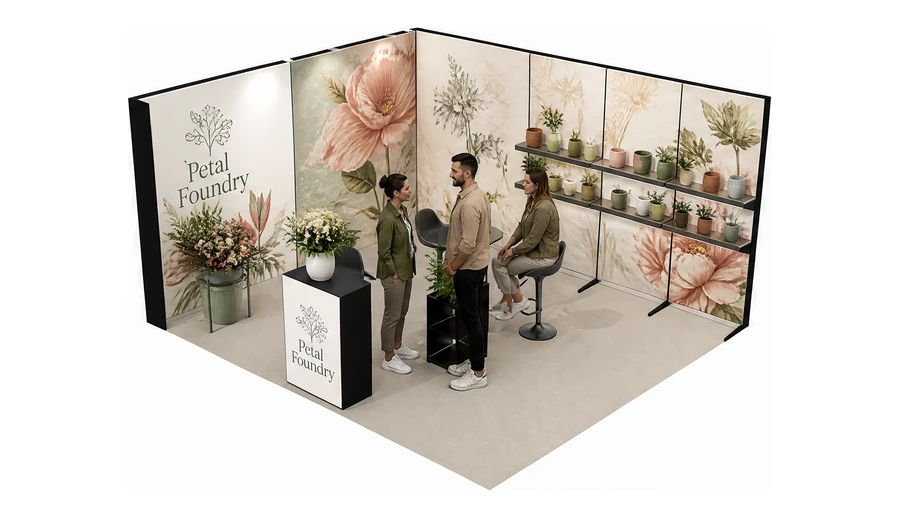 Stoisko 5 × 4 m narożne lewe dla branży rośliny i kwiaciarstwo, przykładowa marka Petal Foundry